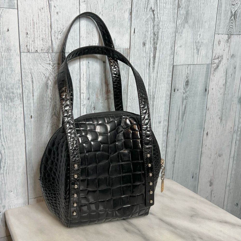 Rodo Vintage Black Croc Embossed Leather Studded Bowler Bag Classy Luxurious - Picture 9 of 9